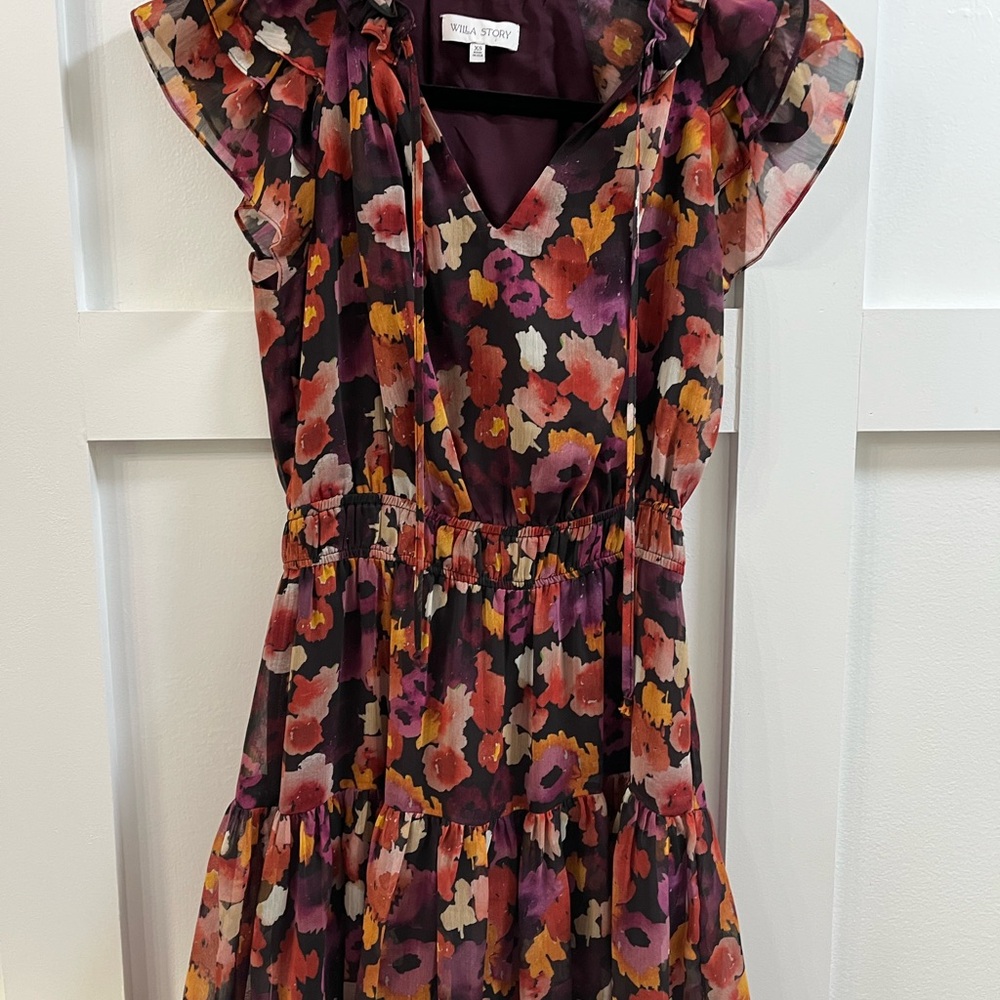 Vibrant Floral Midi Dress with Ruffle Sleeves